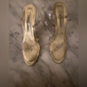 Manolo Blahnik heels with PVC straps in gold color. see photos before you buy